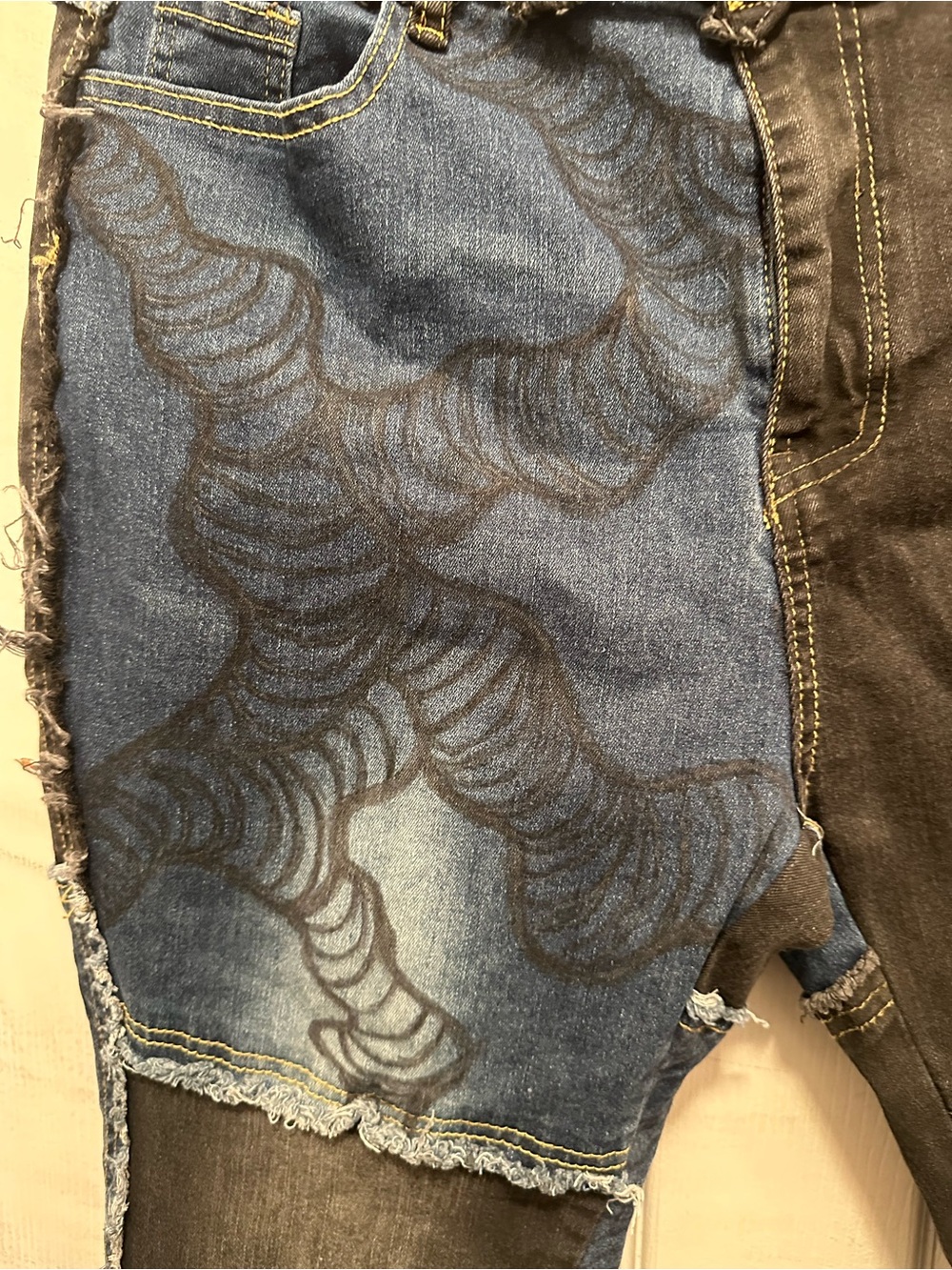 Patchwork Black and Dark Blue Women's Stretch Jeans- Distressed Artistic Design - Picture 3 of 6